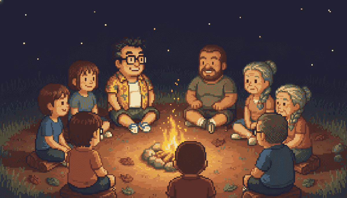 たき火を囲んでむくさんと仲間たちが楽しく談笑しているドット絵