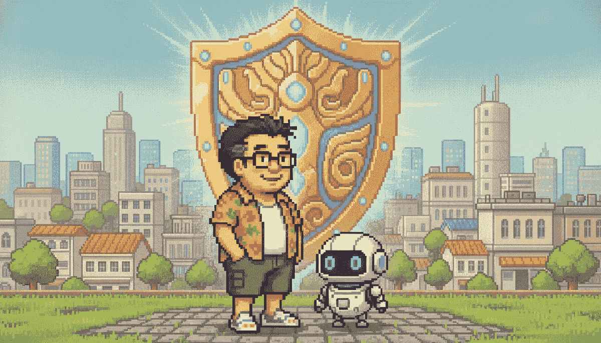 ピクセルの街をまもる、むくさんの後ろ姿のドット絵