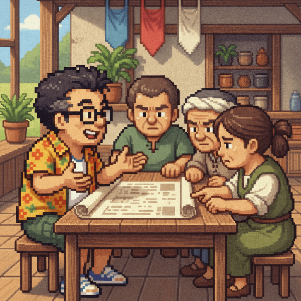 村人と同じ目線で並んで悩みを一緒に考えるむくさんのドット絵