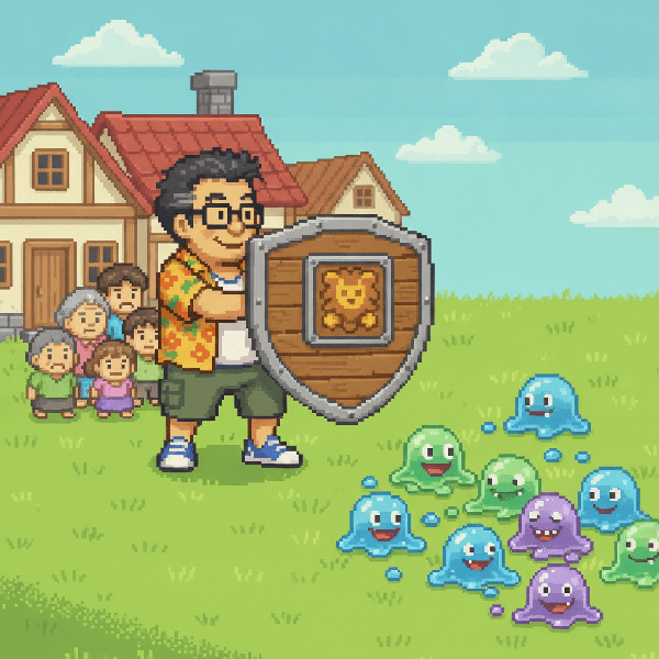 村の前で盾を構えて村人たちをスライムから守るむくさんのドット絵
