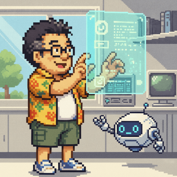 AIロボットと協力して楽しそうに仕事を片付けるむくさんのドット絵