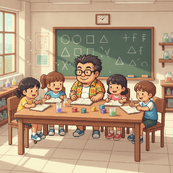 子どもたちと机を囲んで研究しているむくさんのドット絵
